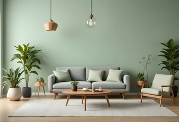 A modern living room with a gray sofa, wooden coffee table, and hanging light fixture against a light green wall.