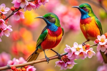 Fototapeta premium Bright sunbirds resting on vibrant flowers, displaying their exquisite feathers and the captivating beauty of their natural surroundings, create a stunning tableau of natureâ€™s artistry.