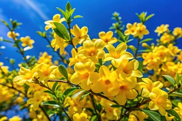 Bright yellow Jessamine flowers flourish against a pristine blue sky, showcasing their beauty in a natural garden setting brimming with vibrant colors and life.