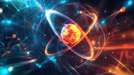 Obraz premium Abstract digital art with glowing orbs and light trails in blue, red, and orange tones.