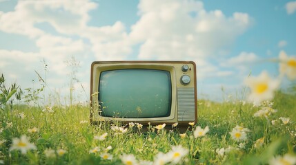Old Retro TV in a Summer Field with Bright Light Colors, AI generated illustration