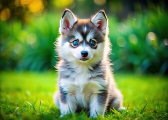 Charming Pomsky puppy boasts bright blue eyes, sitting playfully on sun-kissed grass, exuding joy and cuteness. A delightful companion ready for adventures and cuddles!