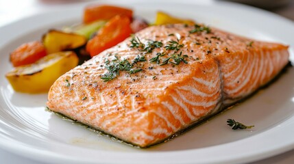 A delicious salmon fillet baked with herbs and spices, served with a side of roasted vegetables, presented on a white ceramic plate for a clean, elegant presentation.