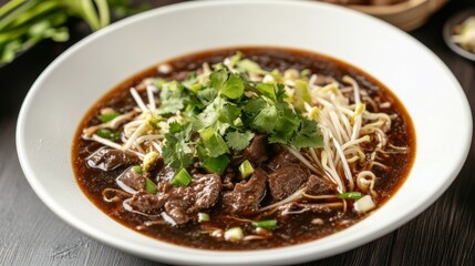 A delicious serving of boat noodles with rich broth, noodles, and garnished with green onions and cilantro, beautifully displayed on a white plate.