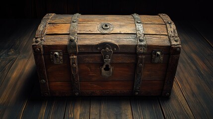 Old wooden chest with metal accents sitting on a wood table.