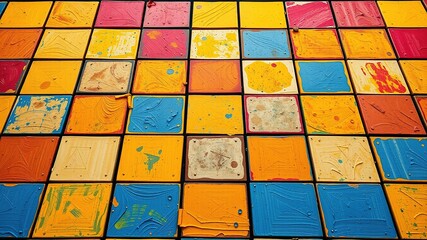 Colorful squares, hexagons, and triangles on a grid form a customizable game board template with placeholders for text, images, and graphics, allowing users to create unique game experiences.