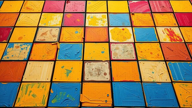 Colorful squares, hexagons, and triangles on a grid form a customizable game board template with placeholders for text, images, and graphics, allowing users to create unique game experiences.