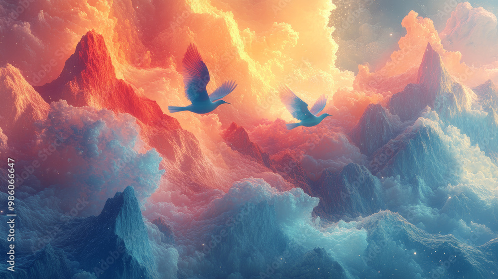 Wall mural vivid dreamlike birds soar through abstract colorful clouds, creating surreal and enchanting atmosph