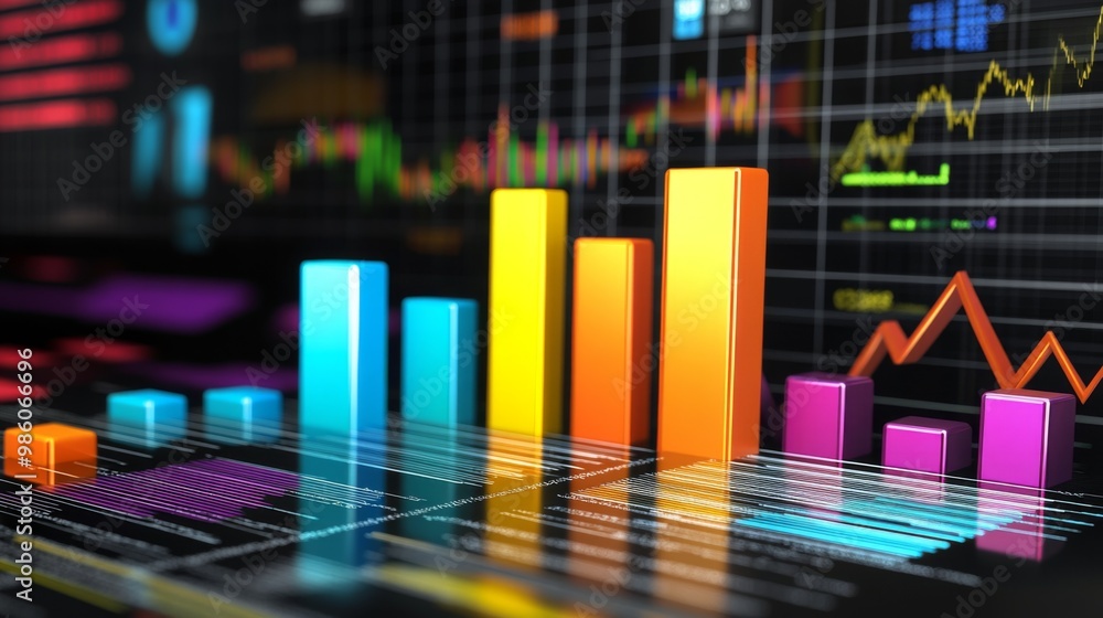 Poster A detailed 3D bar graph with different colored bars rising and falling, set against a dark background with financial icons in the backdrop.