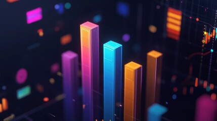 A detailed 3D bar graph with different colored bars rising and falling, set against a dark background with financial icons in the backdrop.