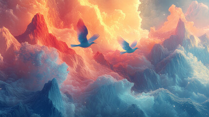 Vivid dreamlike birds soar through abstract colorful clouds, creating surreal and enchanting atmosphere. vibrant hues and ethereal landscape evoke sense of wonder and tranquility