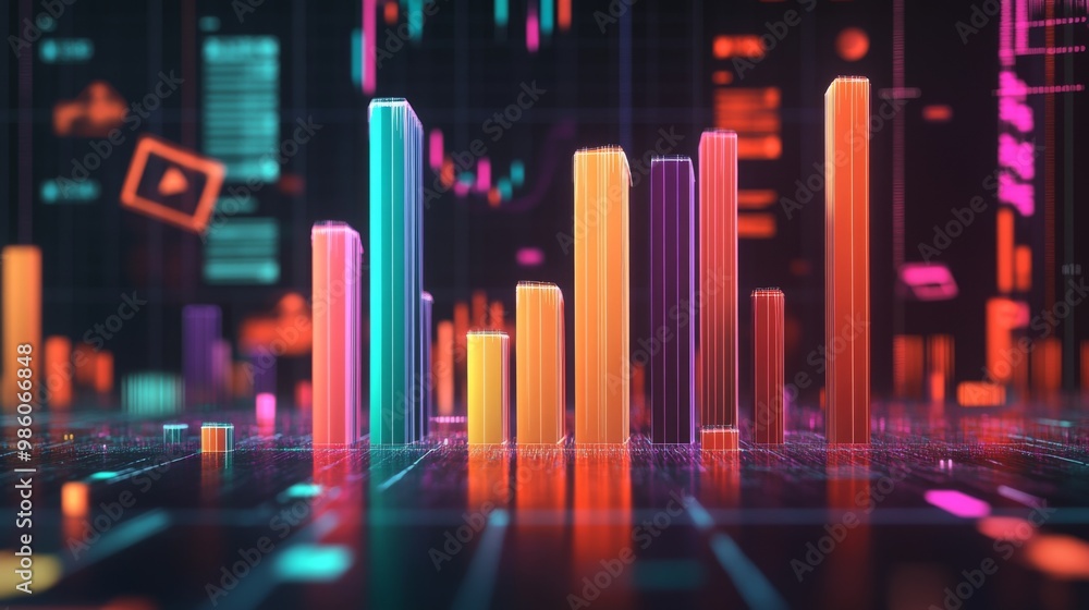 Poster A detailed 3D bar graph with different colored bars rising and falling, set against a dark background with financial icons in the backdrop.
