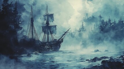 Fototapeta premium A mysterious ship navigates through dense fog, evoking a sense of adventure and intrigue on turbulent waters.