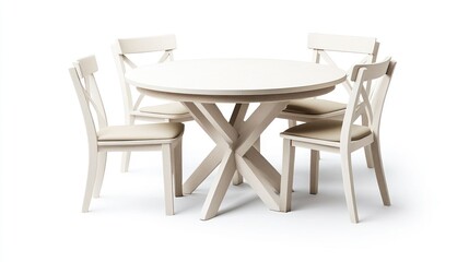 White round dining table with four chairs isolated on white background.