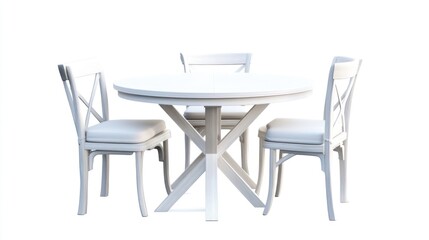A white round table with three chairs isolated on white background.