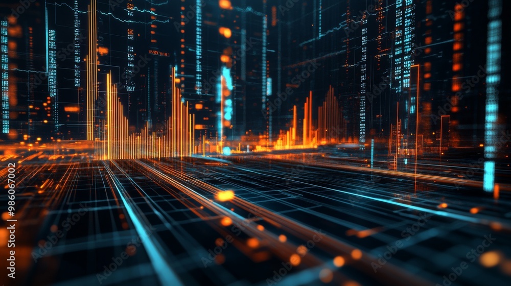 Poster A detailed 3D financial graph with ascending and descending lines, displayed on a virtual interface with surrounding digital data points.