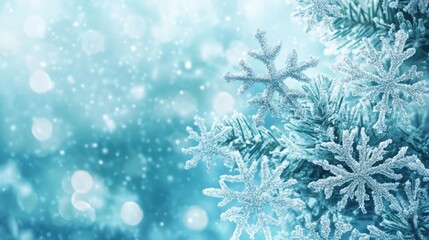 A serene winter scene featuring delicate snowflakes and a soft blue background, capturing the beauty of frost and tranquility.