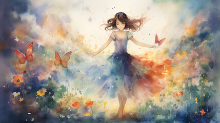 Naklejka premium A young girl dances joyfully in vibrant, colorful landscape filled with flowers and butterflies. enchanting scene captures sense of freedom and wonder.