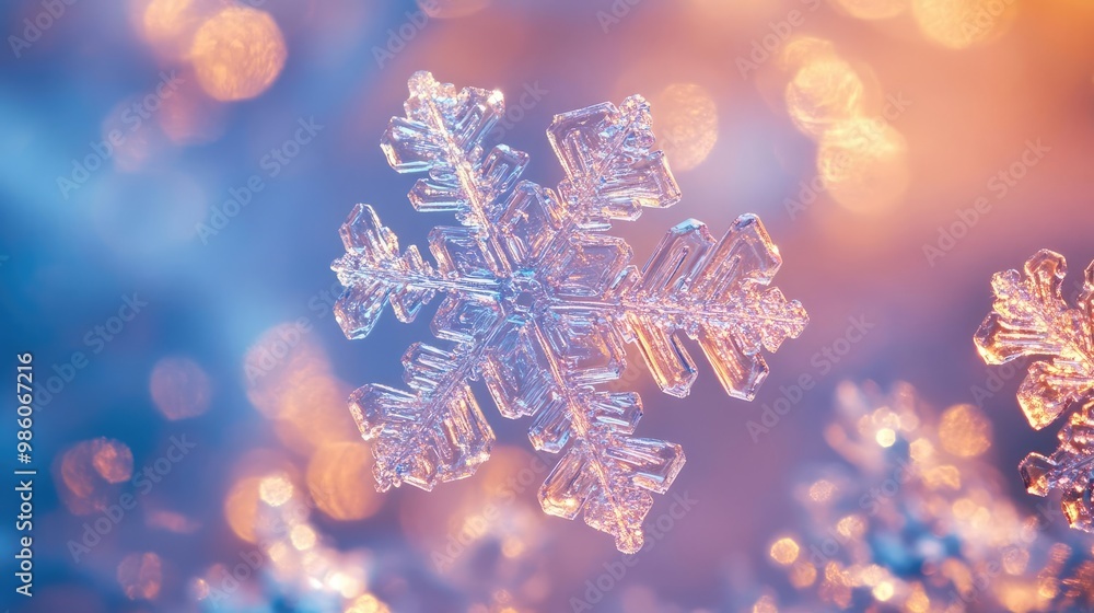 Poster stunning close-up of a snowflake against a blurred background, showcasing intricate details and spar