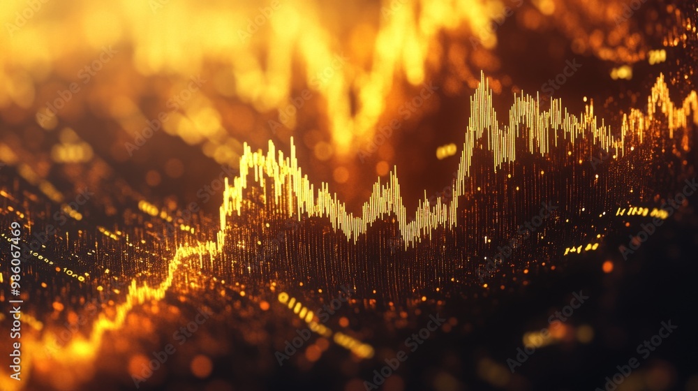 Poster a detailed line graph showing the fluctuations in gold prices over time, with a background of financ