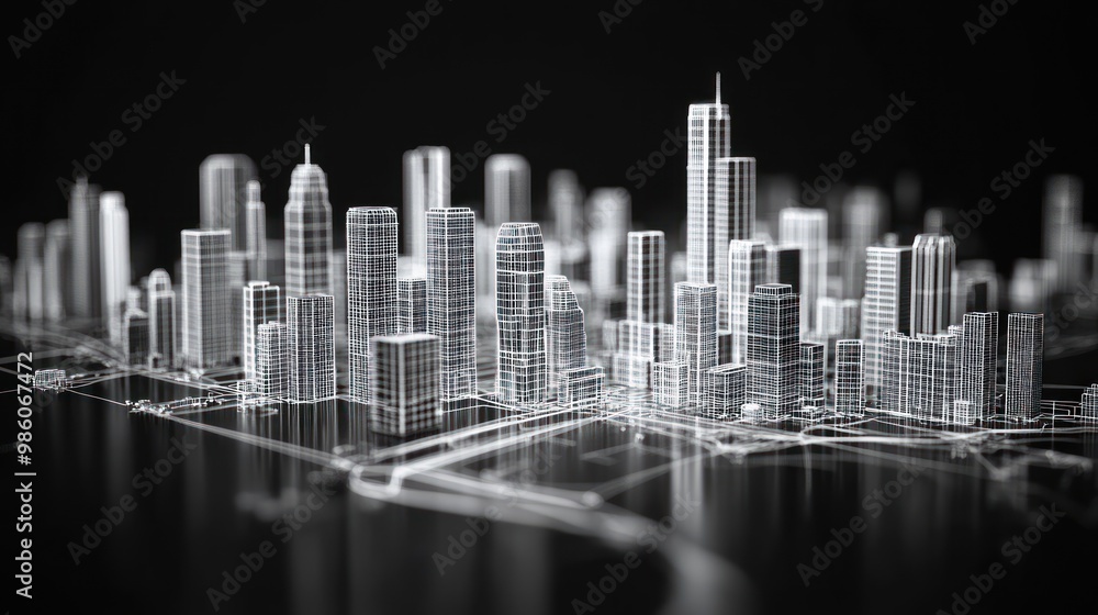 Poster wireframe model of city skyline with reflection on black background.