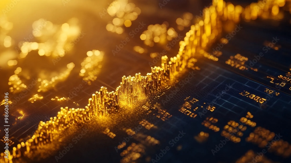 Poster a detailed line graph showing the fluctuations in gold prices over time, with a background of financ