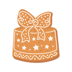 Christmas Gift Gingerbread Cookie with decorative icing. Hand drawn vector illustration isolated on white background. Traditional winter holiday ginger baking