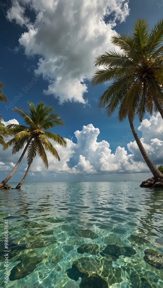 Poster Tropical island with palm trees and white clouds.