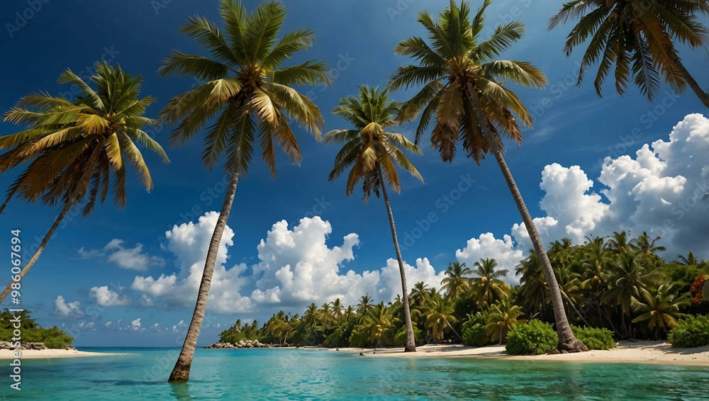 Poster Tropical island with palm trees under a blue sky.