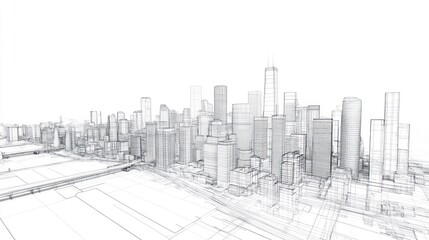 Wireframe rendering of a city skyline with buildings and a bridge.