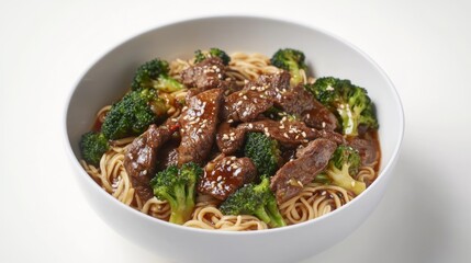 Fototapeta premium A detailed shot of a noodle dish featuring beef, broccoli, and a flavorful sauce, served in a white bowl and presented against a minimalist white backdrop.