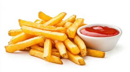 Crispy golden fries served with a delicious bowl of rich tomato ketchup, perfect for any snack or meal.
