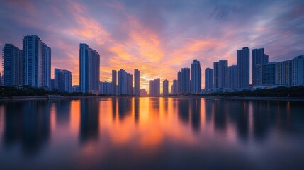 Fototapeta premium A dramatic dawn view of high-rise buildings along a river, with early morning light casting long shadows and soft reflections on the water, evoking a calm and inspiring atmosphere.