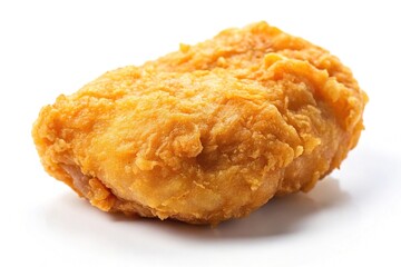 Freshly fried to a golden crisp, the chicken nugget sits alone on a clean white plate, its crispy edges glistening with savory juices.