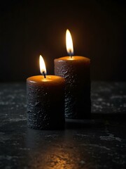 Two candles on a black stone surface against darkness.