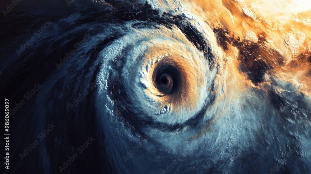 Poster a dramatic image of a typhoon's eye with calm center surrounded by intense storm clouds and spiralin