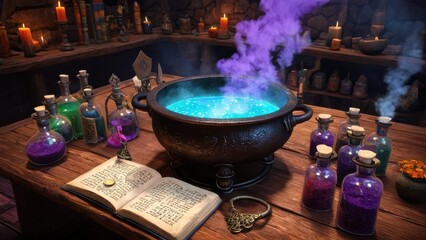 Cauldron brews with liquid and swirling magic, as vibrant smoke fills the air, signaling a spell in progress.