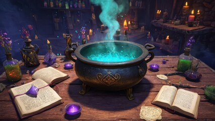 Bright potion in a cauldron, surrounded by potion bottles and glowing herbs, while smoke rises into the enchanted air.