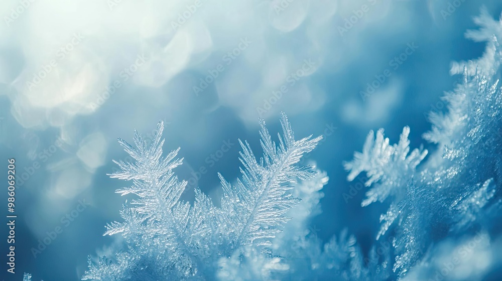 Poster a serene close-up of frosty branches creating a mesmerizing winter backdrop with shimmering blue hue
