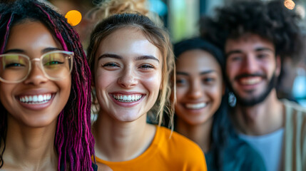 Fototapeta premium Smiling Group of Friends in a Bright Social Setting