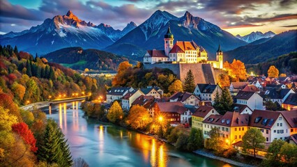 Fototapeta premium Füssen, Germany, offers a breathtaking view of historic architecture surrounded by a stunning alpine landscape, especially enchanting in autumn's vibrant colors and crisp air.