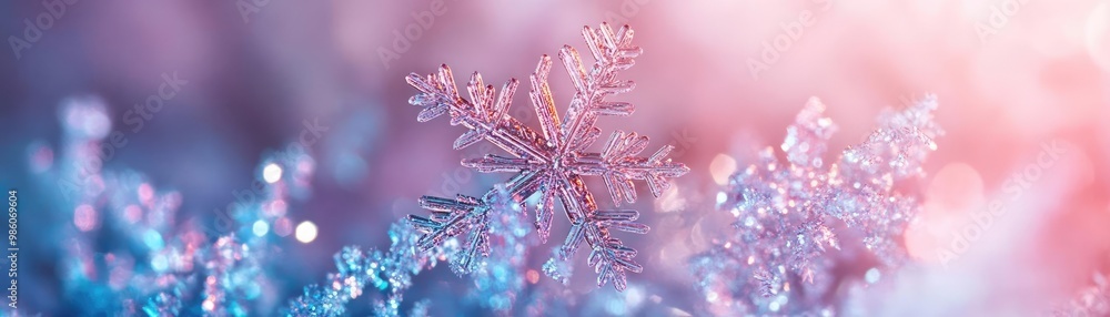 Poster a close-up of a delicate snowflake resting on frosty surfaces, showcasing intricate details and shim