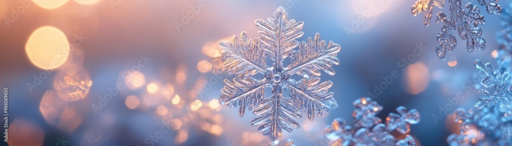 Poster close-up of snowflake featuring intricate crystal patterns, captured in soft focus against a dreamy 