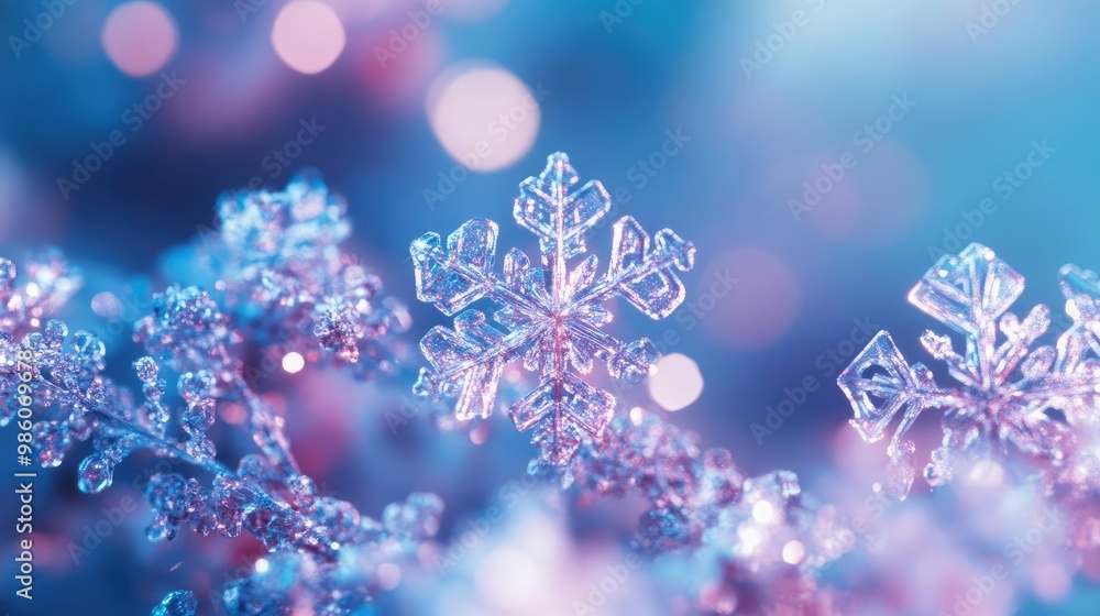 Poster close-up of beautiful ice crystal, showcasing intricate snowflake patterns and shimmering colors, cr