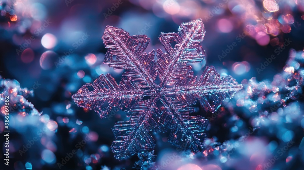 Poster close-up of a delicate snowflake resting on icy ground, showcasing intricate details with a blurred 