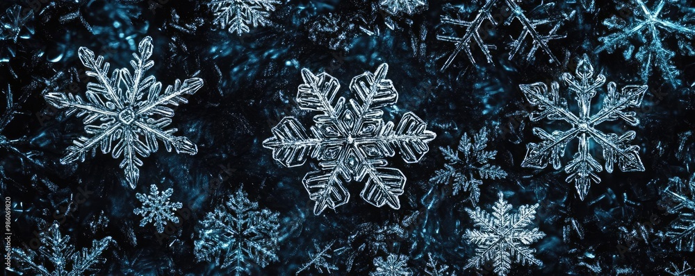 Poster beautiful close-up of intricate snowflakes on a dark background, showcasing their unique patterns an