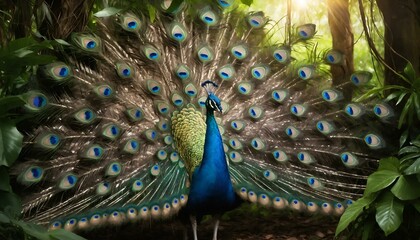Obraz premium Majestic peacock displaying its vibrant plumage amidst lush greenery in a serene forest setting