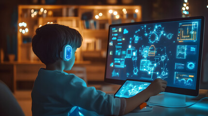 A child learns from an ai-driven smart device, engaged with interactive screens, showcasing curiosity and the future of technology in a digital learning environment