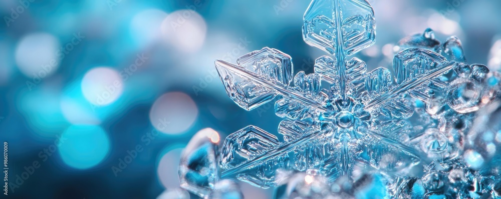 Poster close-up of a sparkling snowflake highlighting intricate details against a soft blue background, per