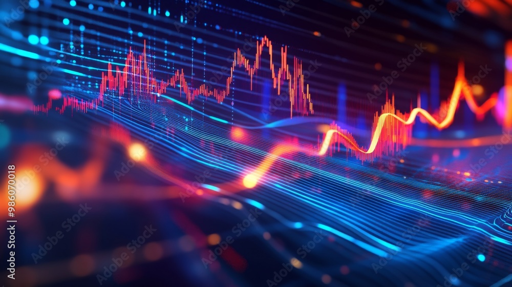 Poster a dynamic 3d graph with curved lines and glowing data points, symbolizing business growth and futuri
